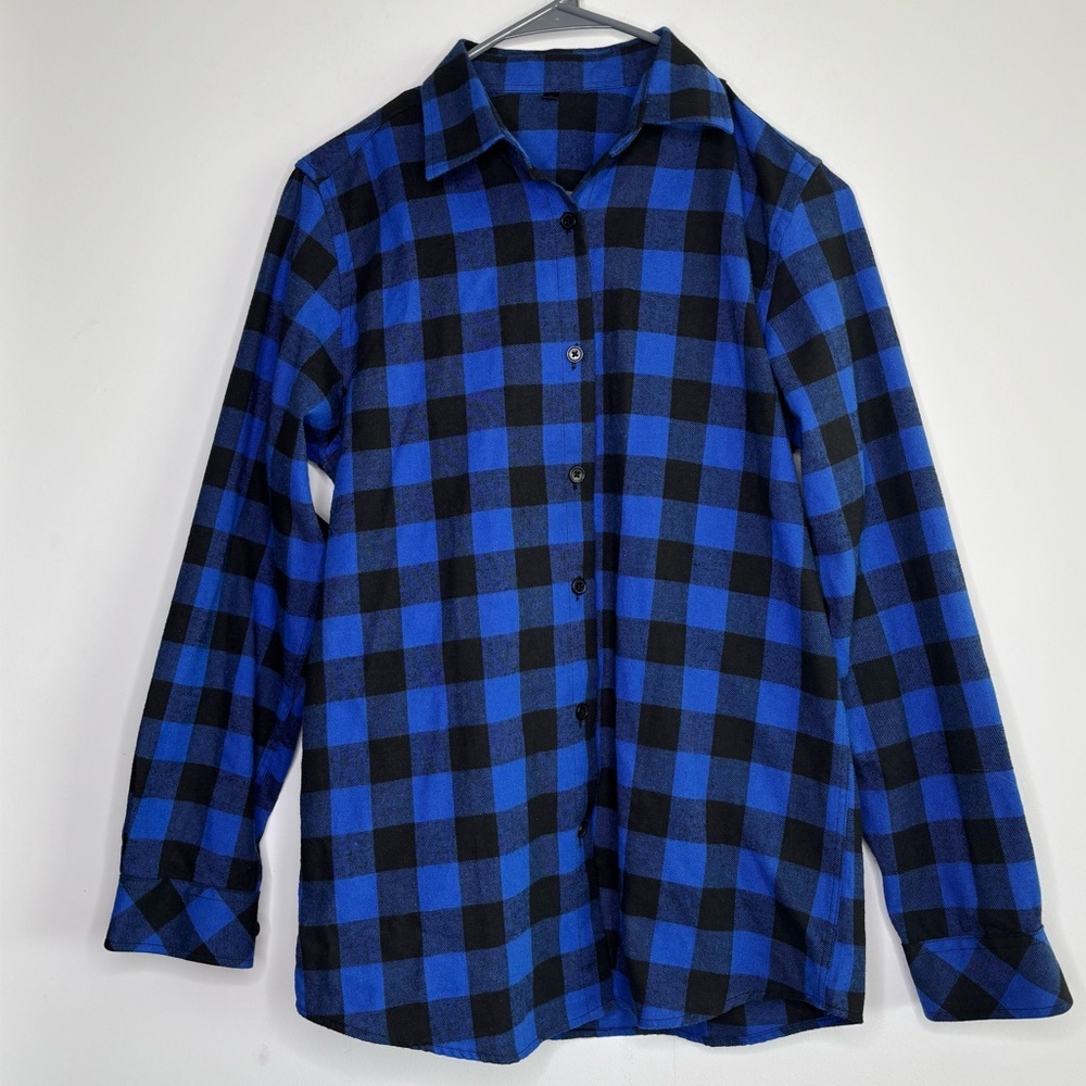Blue Black Plaid Print Long Sleeve Flannel Button Down Shirt Size Small